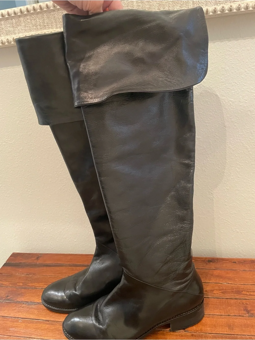 Lorenzo Masiero Black Leather Riding Boots Over-the-Knee Folded Cuff Boots